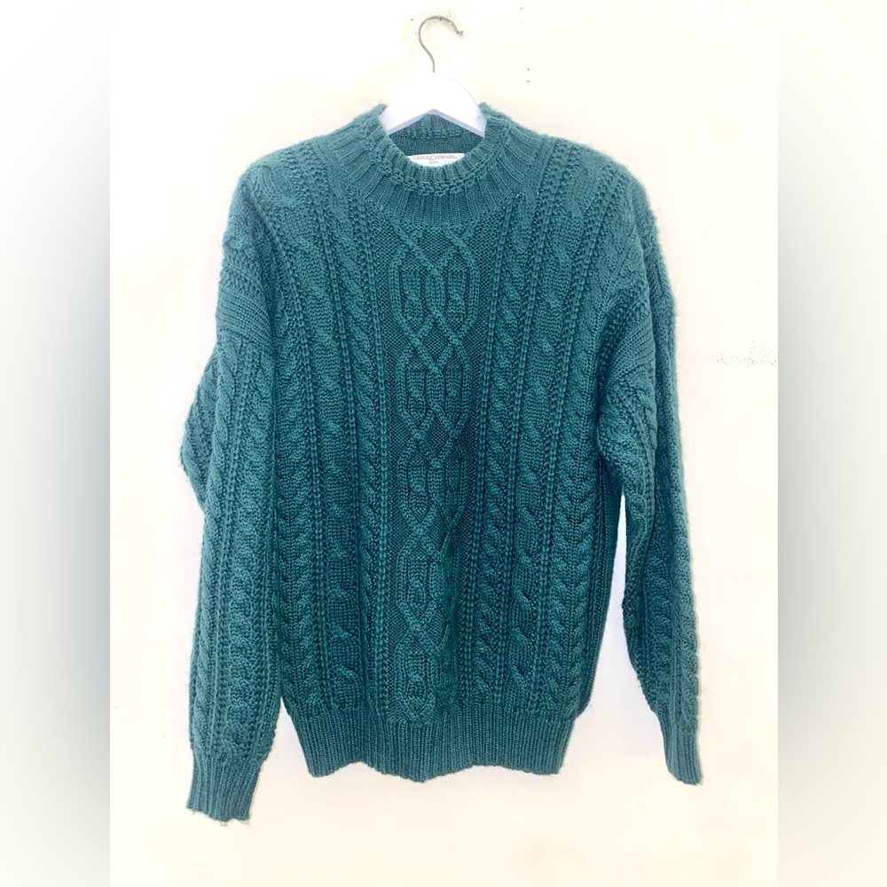 Vintage 90s Oversized Unisex Cable Knit Sweater Green